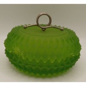 Vintage Diamond Point Green Glass Powder Jar Candy Dish Metal Handle Vaseline ??